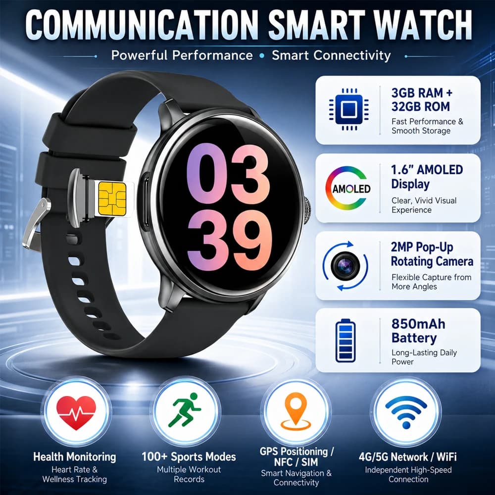 NEW 4G/5G Communication Smart Watch 3GB+32GB ROM AMOLED Screen NFC Application Rotating Camera SIM GPS Google Play Smartwatch