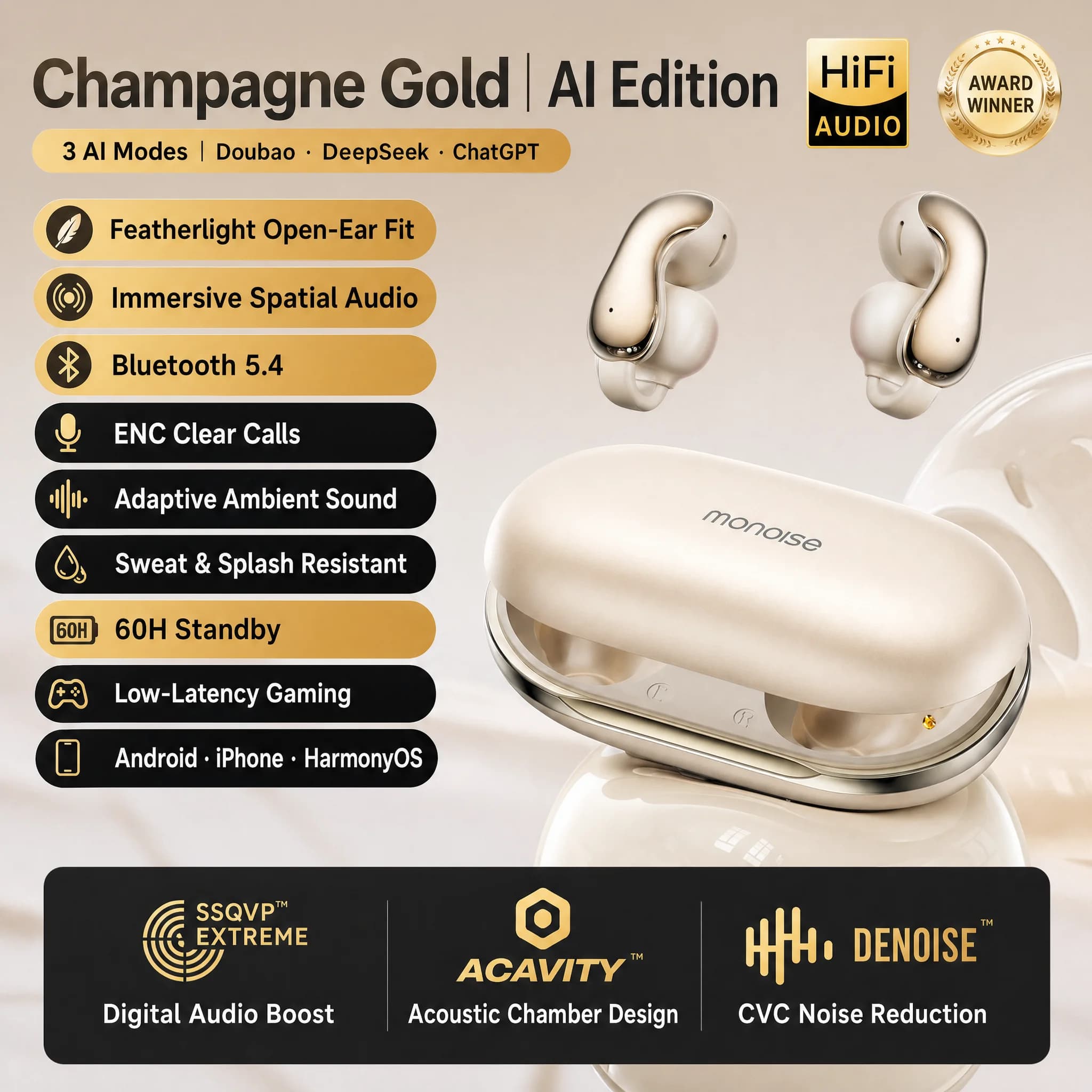 MONOISE Q8 Auricolari per traduzione AI Wireless Bluetooth 115 lingue Traduttore in tempo reale Cuffie semi in-ear con microfono