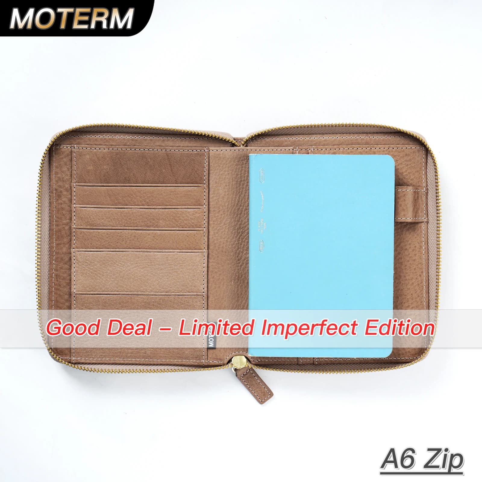 Copertina con cerniera in formato A6 in pelle conciata al vegetale Moterm imperfetto limitata con tasca superiore Copertina per notebook con cerniera in pelle bovina
