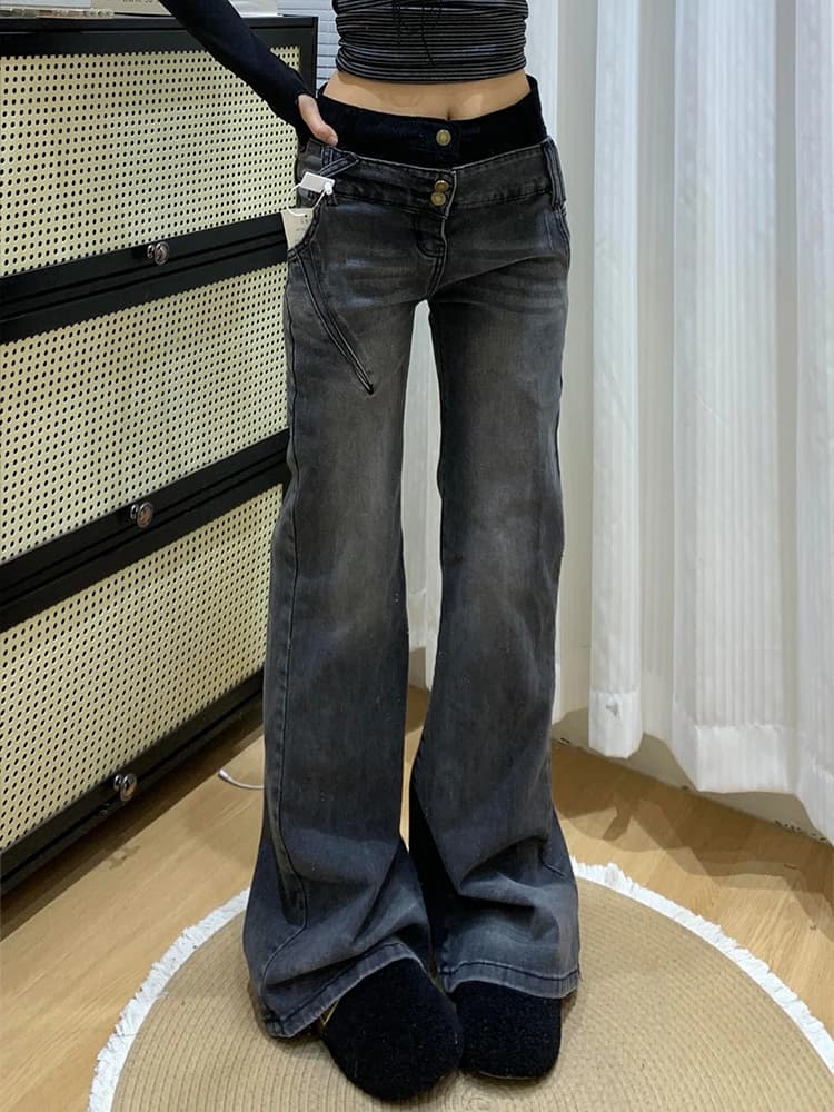 Retro American Spliced Denim Jeans Women's Slimming Micro Flared Pants Washed out Distressed Low Waist Standard Fit Zipped