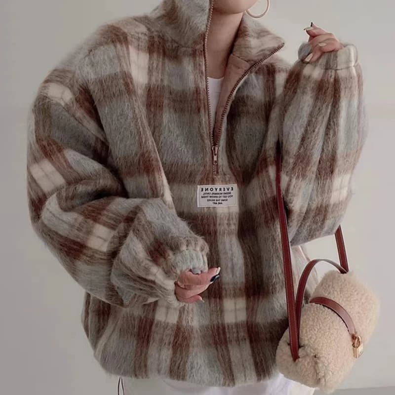 Chic Autumn Winter Women's Long Sleeve Woolen Hoodie Loose Fit Stand Collar Knitted Sweater Fashionable Plaid Color Block Design