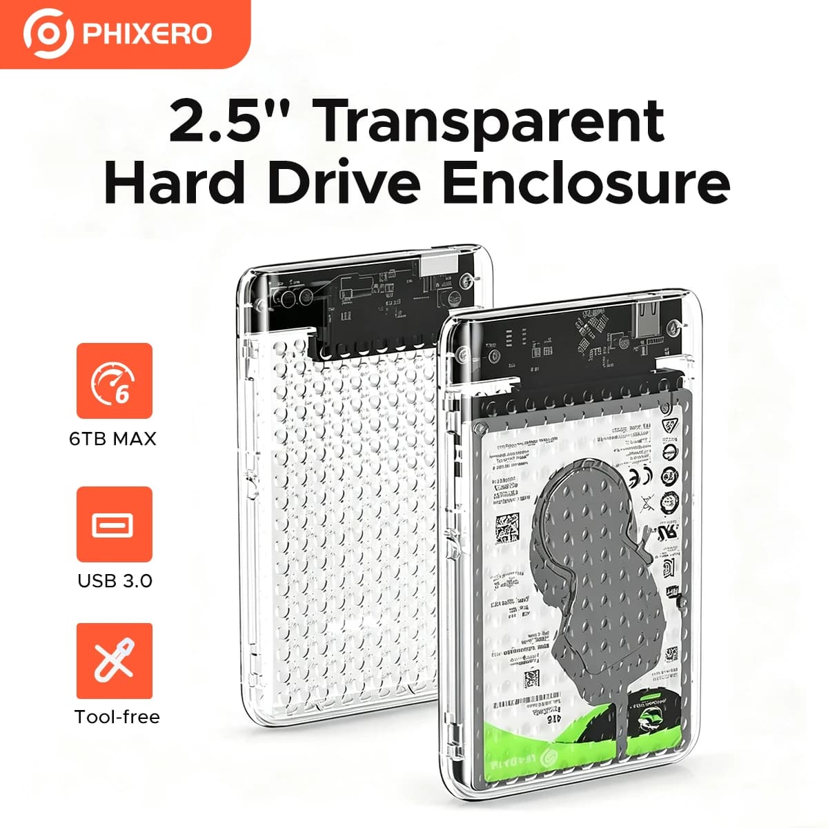 PHIXERO Custodia per disco rigido trasparente da SATA a USB 3.0 Custodia per HDD esterna tipo C da 2,5 pollici per custodia SSD/HDD da 6 TB Supporto UASP