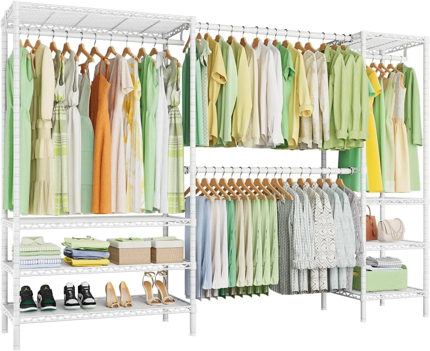 Appendiabiti in Metallo Resistente con 8 Ripiani e 4 Aste Appendiabiti, Organizzatore Armadio Autoportante, Bianco