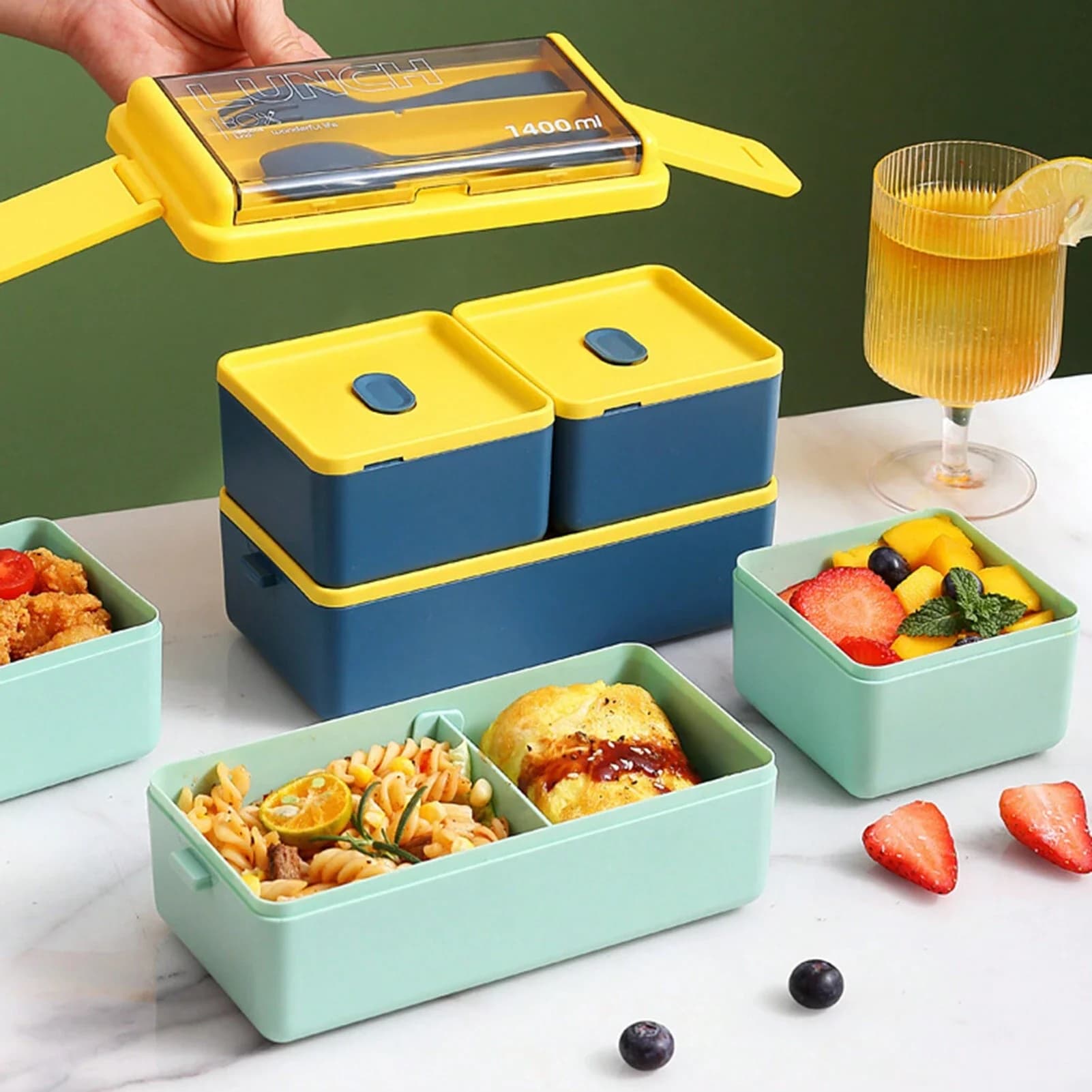 1pc Bento Box Scatola di pranzo portatile a doppio strato con posate e coperchio Contenitore riutilizzabile per la conservazione degli alimenti per studenti Viaggiatori Offi