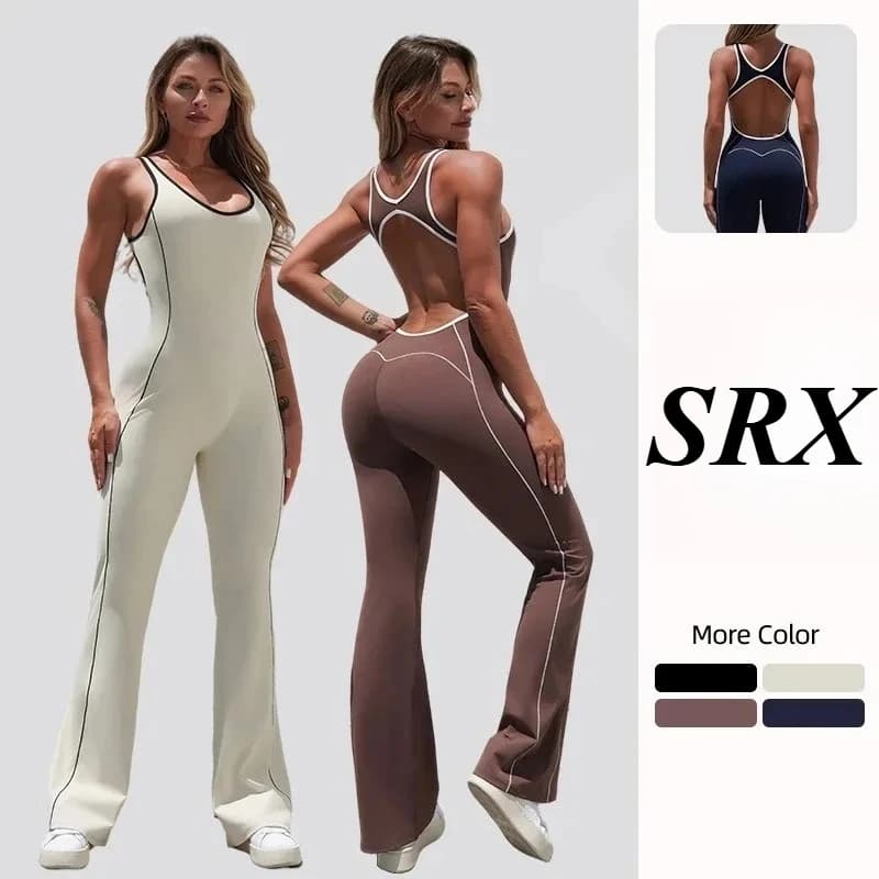 Seamless Yoga Body for Women Sexy Jumpsuit without back color block and flared pants with boot lift Gym workout set with naked feeling