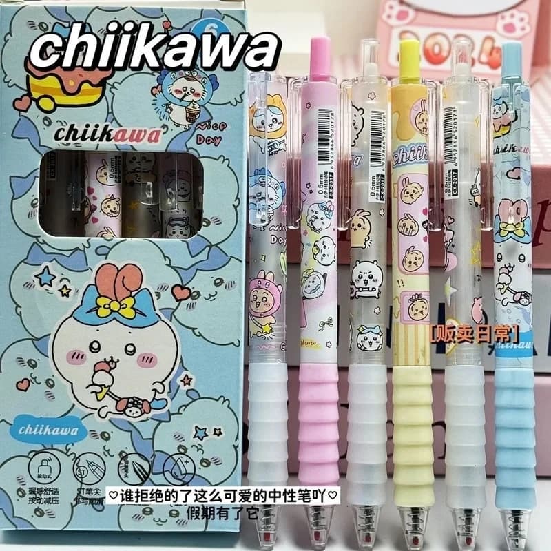 Chiikawa Hachiware Retractable Gel Pens Set 6 Pcs Cute Anime Cartoon Print Black Ink Ballpoint Pen Kawaii Student Exam Stationer
