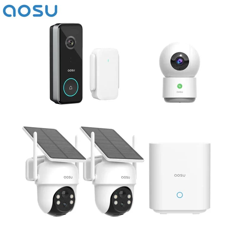 AOSU Sistema di telecamere solari da 3 MP Kit da 2 telecamere e videocitofono Ultra Wifi da 5 MP Telecamera esterna e sistema di telecamere per baby monitor da interno da 3 MP