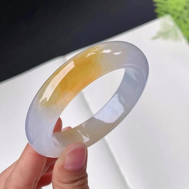 Ice Jadeite Bracelet, Natural Authentic Burmese with Yellow Flower Pattern, Wide Version Jade Bangle