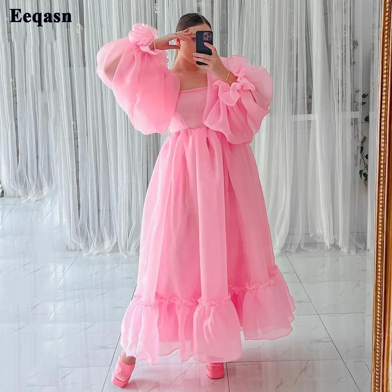 Abiti da ballo da donna midi in organza rosa personalizzati, maniche lunghe, lunghezza alla caviglia, abito da festa, abiti da sera formali, abiti da club