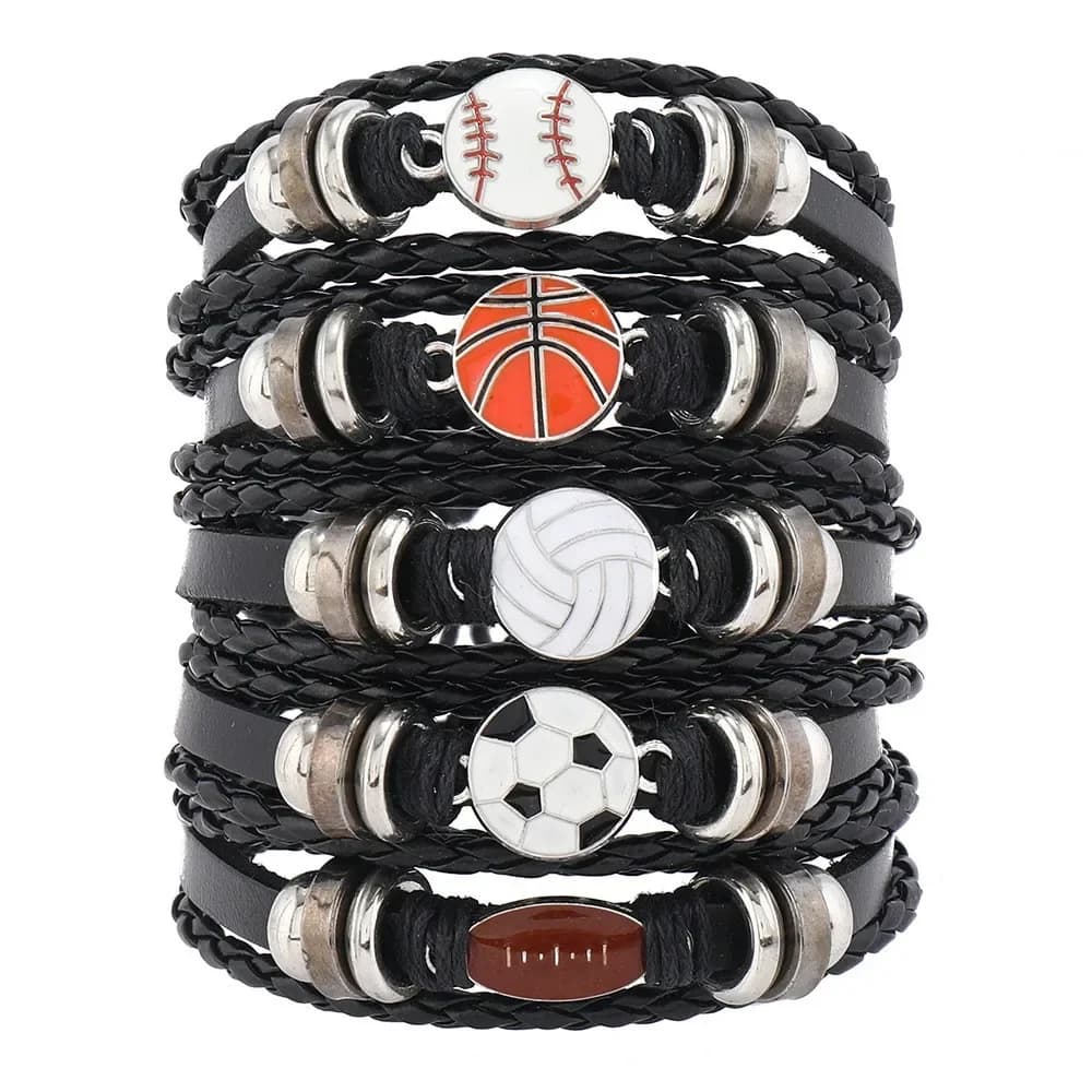 Braccialetto sportivo in pelle Vintage da 5 pezzi per donna uomo pallavolo calcio basket Baseball Rugby Charm Bangle Fashion Jewelry