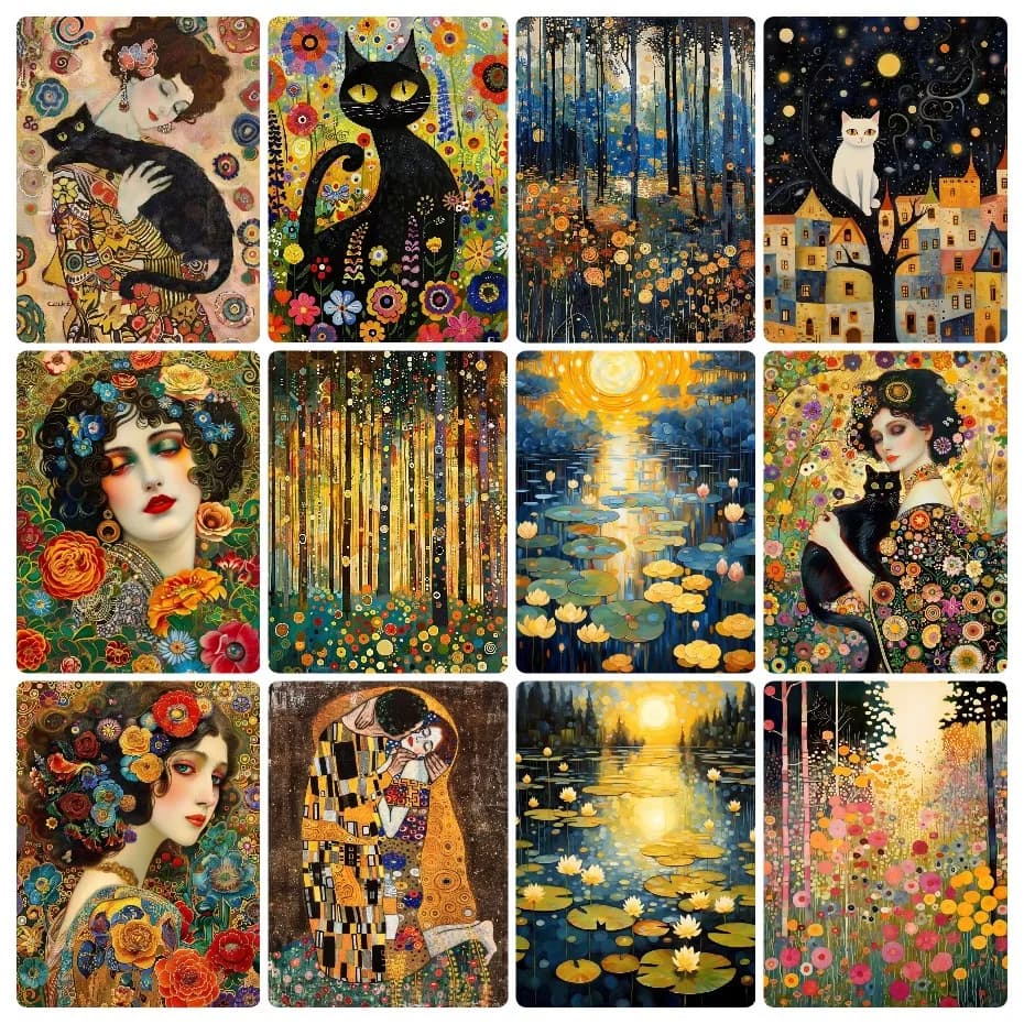 Diamond Painting Gustav Klimt Famous Woman and Cat Vintage Gold Night Moon Star Tree Artwork Mosaic Handmade Art Gift Home Dec