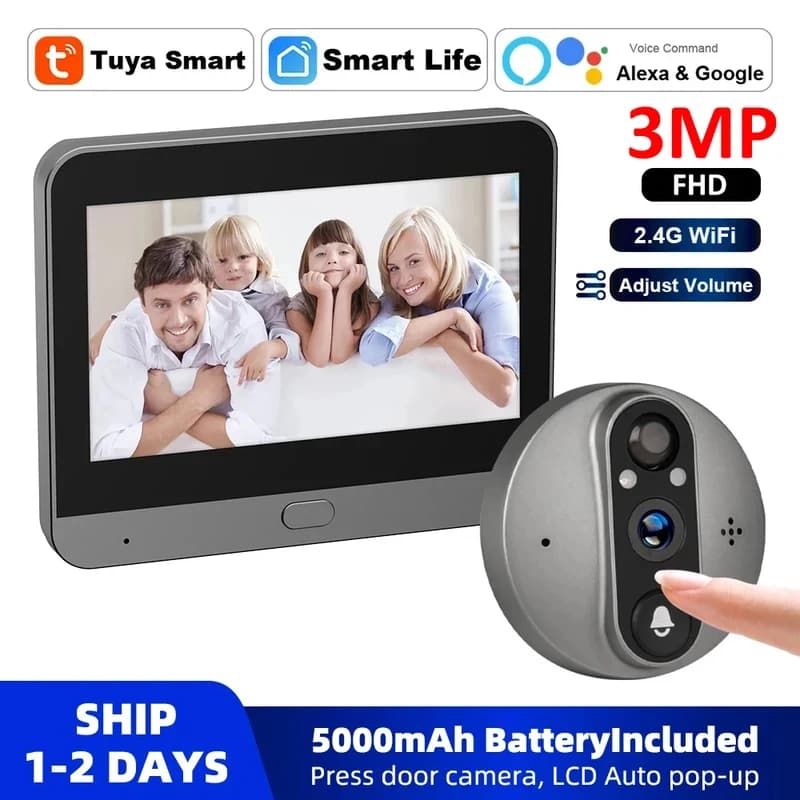 Videocitofono WiFi Smart Tuya 3MP con Telecamera Spioncino 5000mAh, Infrarossi, Compatibile con Alexa e Google, per Sicurezza Domestica