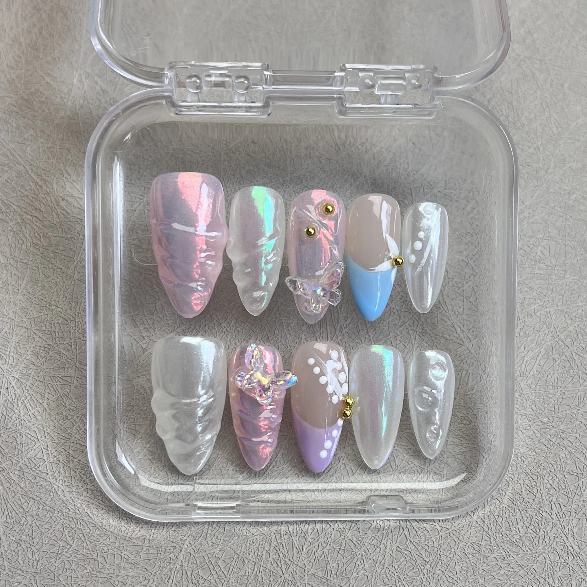 10pcs Handmade Press on Nails 3D Colorful Aurora Butterfly Design Fake Nails Wearable Shiny French Almond False Nails with Box