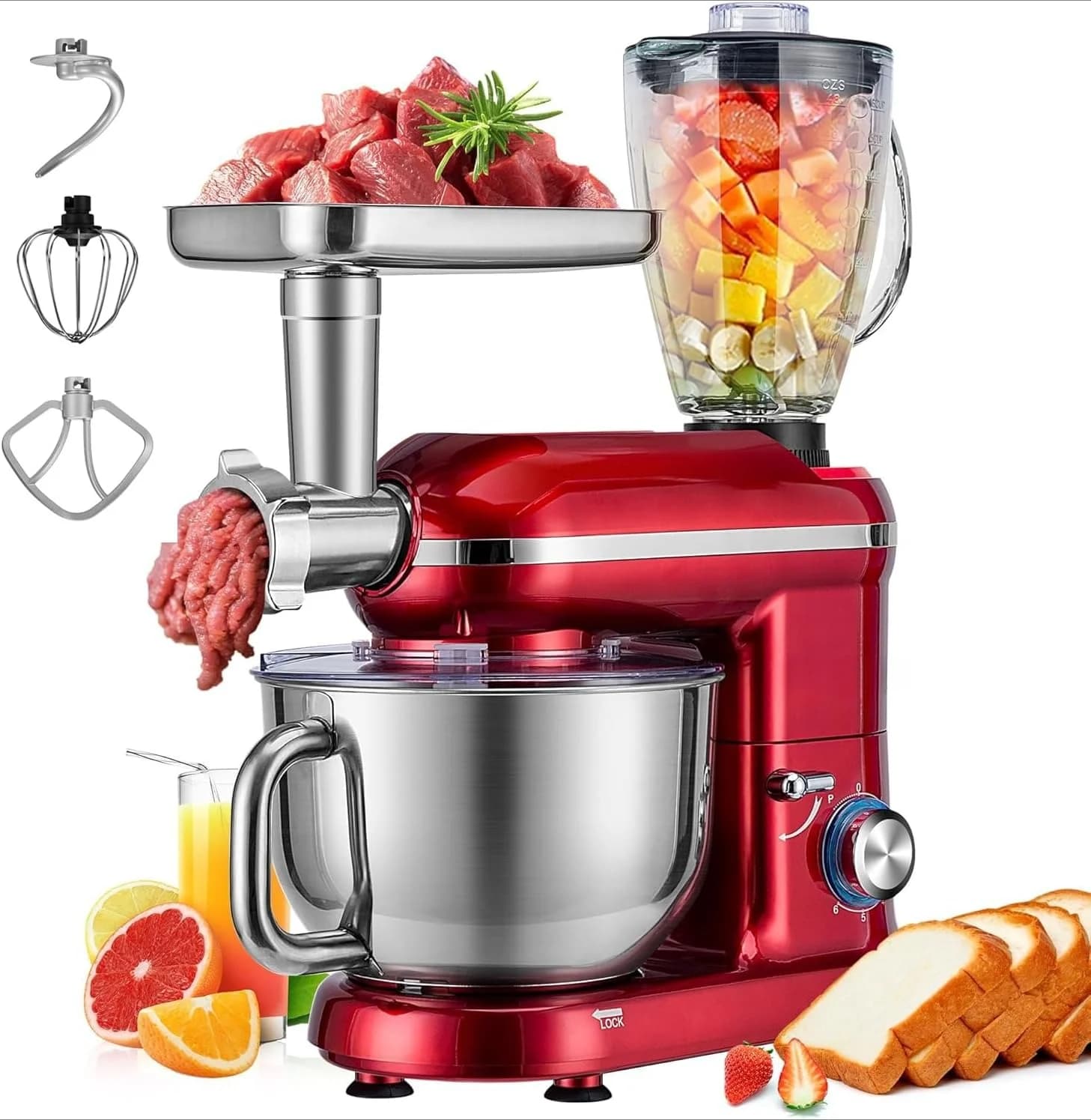 Impastatrice Planetaria 3-in-1, Mixer da Cucina con Testa Inclinabile da 6 Qt, Tritacarne, Frullatore, Gancio per Impasto, Frusta, Sbattitore, Rosso