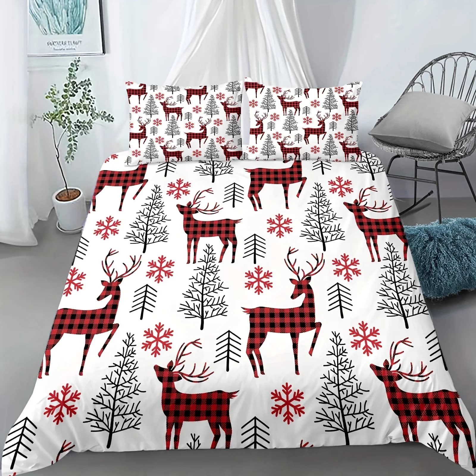 Set copripiumino 3 pezzi Buon Natale Set copripiumino scozzese con fiocco di neve Albero di Natale Stampa cervo Set copripiumino morbido e confortevole, per la camera da letto