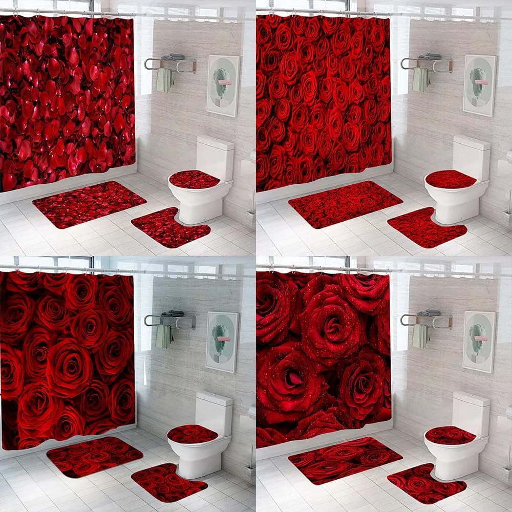 Set di tende da doccia con motivo fiori di rosa rossa con tappeti, schermo da bagno impermeabile, copriwater antiscivolo, tappeti, arredamento per il bagno