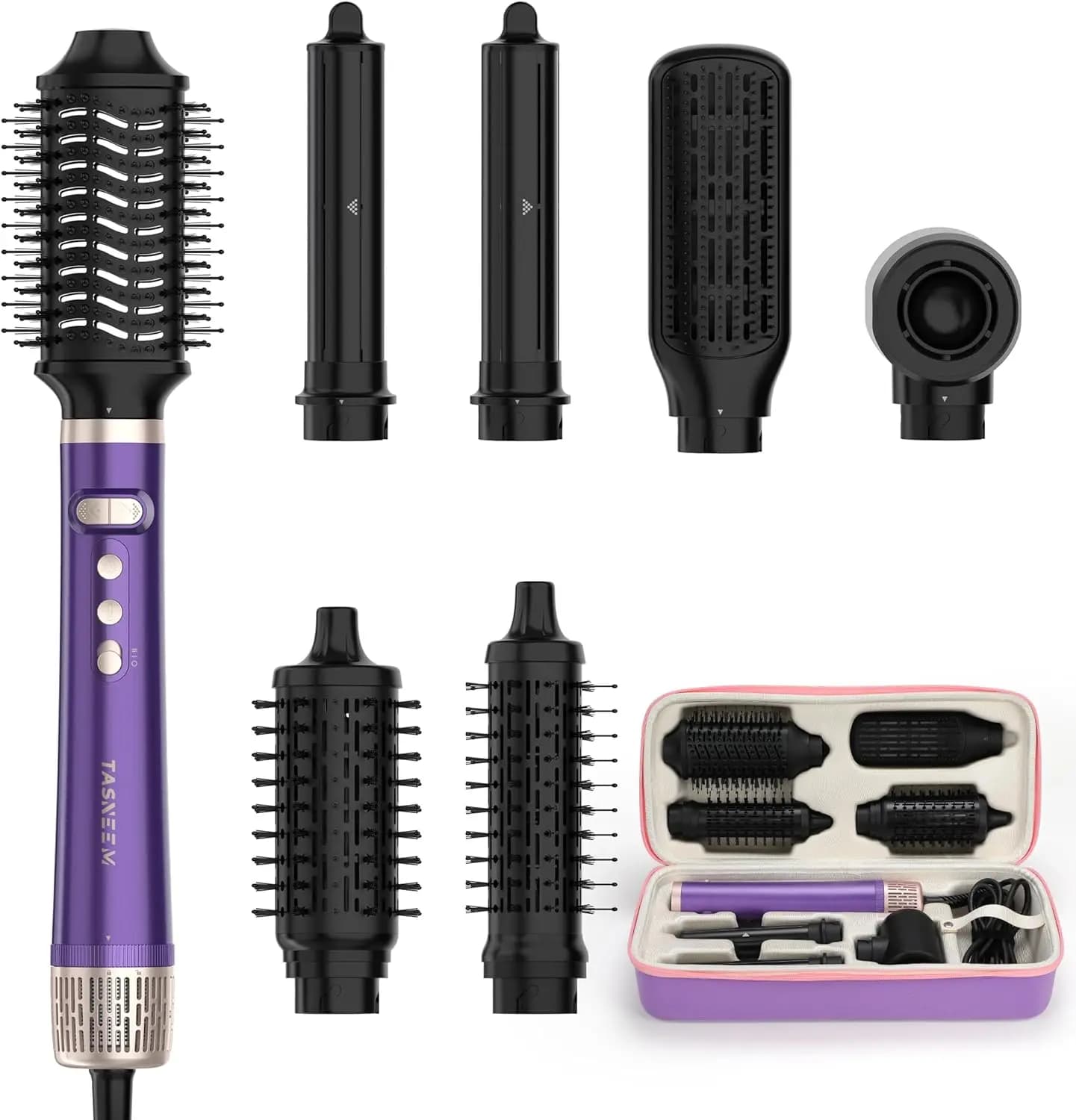 7-in-1 hot air brush and rotating hair dryer with automatic hair curler, ion hair dryer, oval brush and plate, travel case