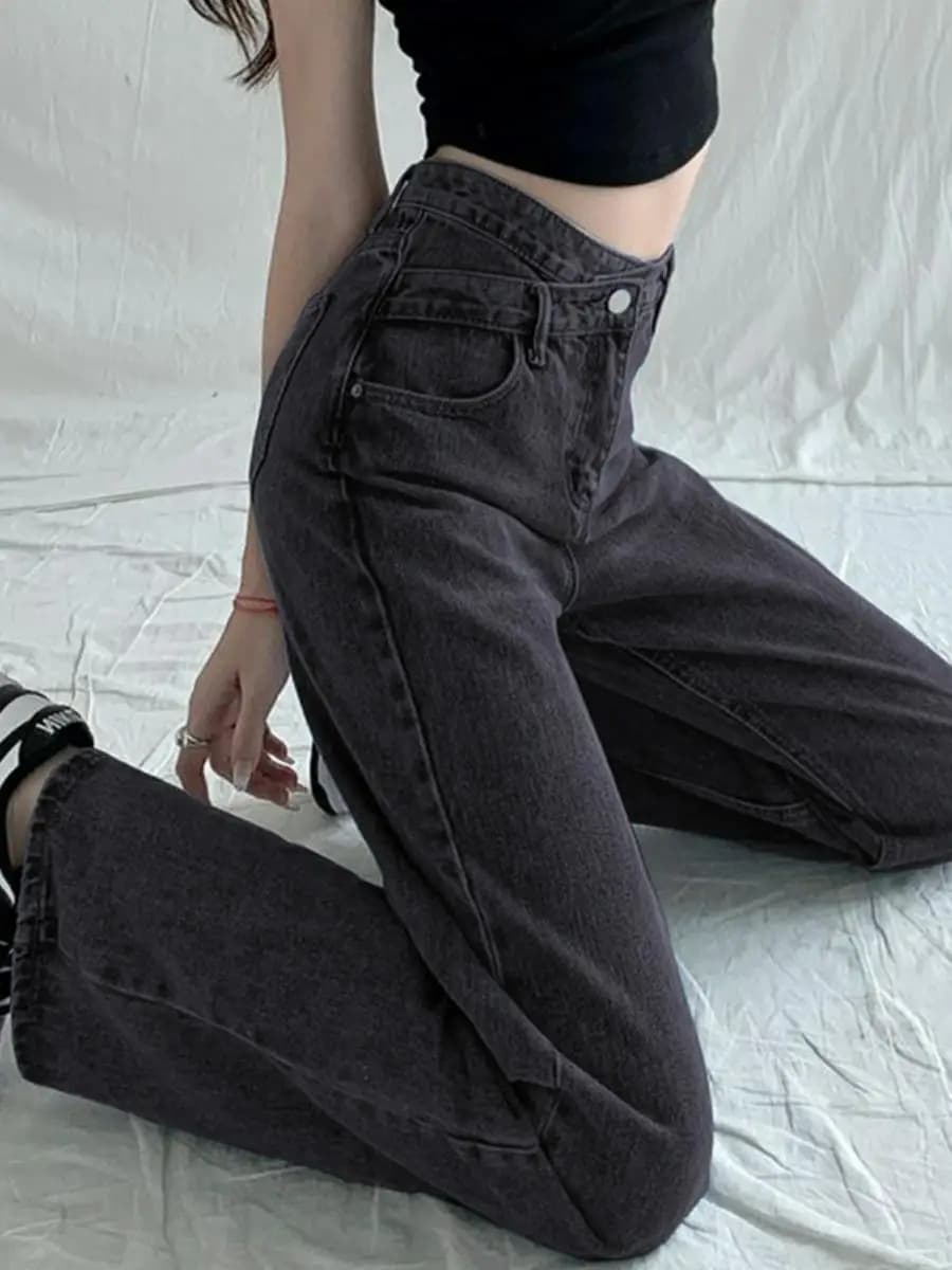 High Waist Straight Leg Crossed Wide Leg Long Pants Women's Jeans Spring Autumn Small Size Buckle Summer Long Trousers