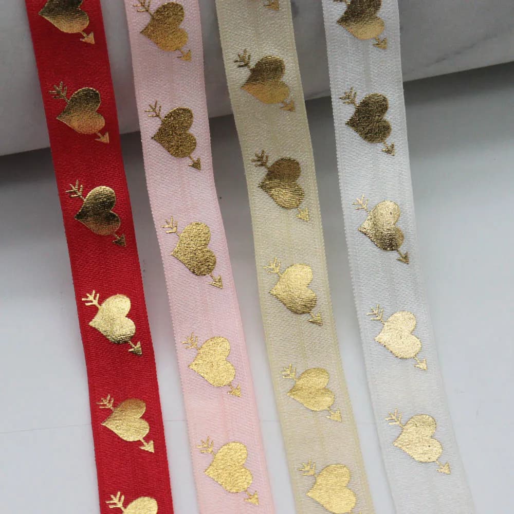 5/8 "15mm Oro Cupido Freccia Pierces Cuore Stampa FOE Piega Sopra Nastro Elastico Per San Valentino Legami Dei Capelli Accessori Per Cucire FAI DA TE