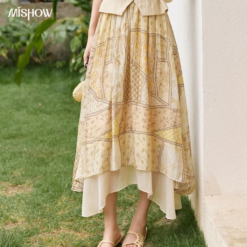 MISHOW Women's Vintage Floral Print Midi Skirt Irregular Ruffle Hem Elastic Waist Skirts High Waist Yellow Long Skirt MXF27B2543