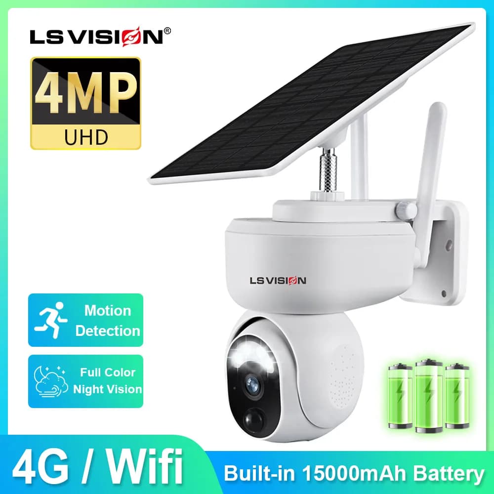 Telecamera solare LSVISION Sorveglianza di sicurezza 1080P 4MP WiFi Telecamera 4G SIM Card Outdoor Long Standby CCTV Video Monitoring Cell Smart Home Allarme antintrusione vocale bidirezionale pannello solare