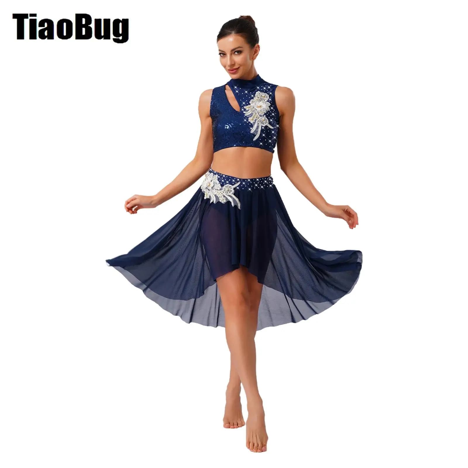 Costume da donna moderno per danza lirica, completo senza maniche, top corto, gonna a rete irregolare, ricamo, ginnastica, balletto, pattinaggio, Dancewea