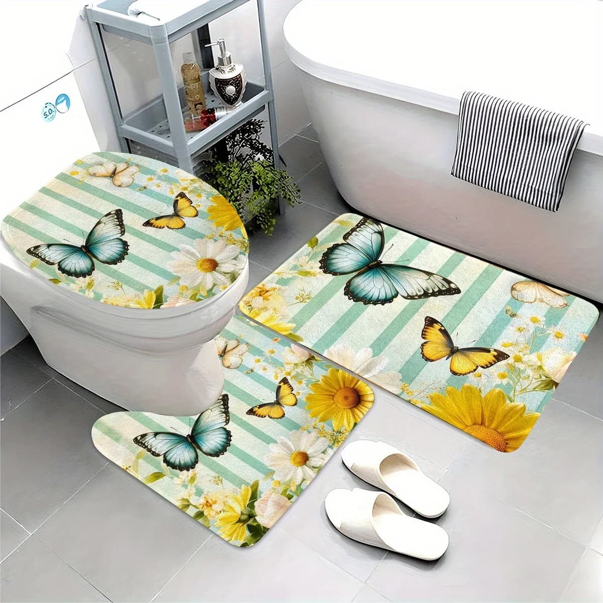 Set da bagno 3 pezzi in morbida flanella a strisce verdi giallo menta margherita e farfalla blu pastello - tappetino da bagno in peluche antiscivolo, copriwater e
