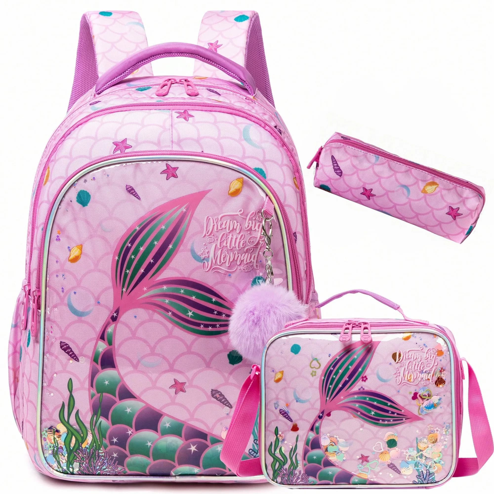 Mermaid Backpack for Girl Elementary Student Bookbag Set with Insulated Lunch Bag Lightweight School Bag Kid Back To School Gift