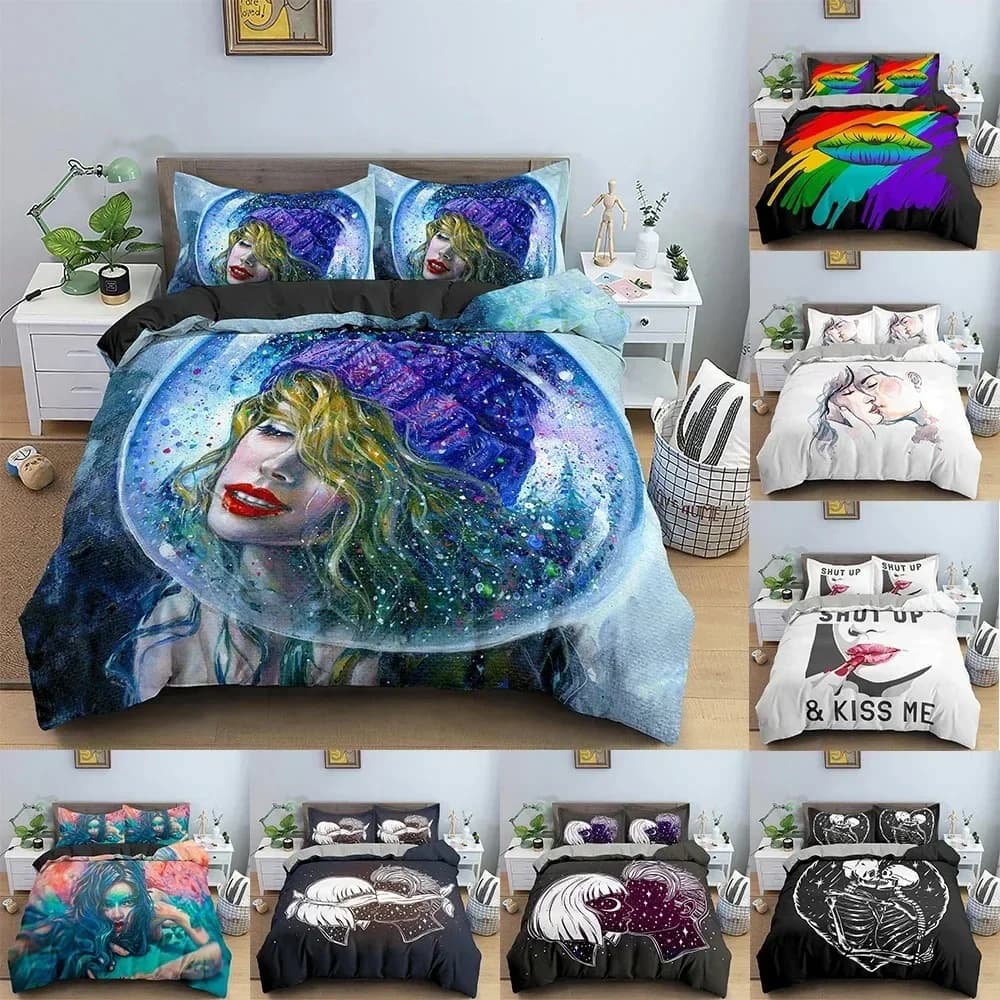 Set copripiumino Lovers Kiss, set biancheria da letto personalizzato per ragazze, copripiumino con federa per letto singolo, matrimoniale, queen size e king size.