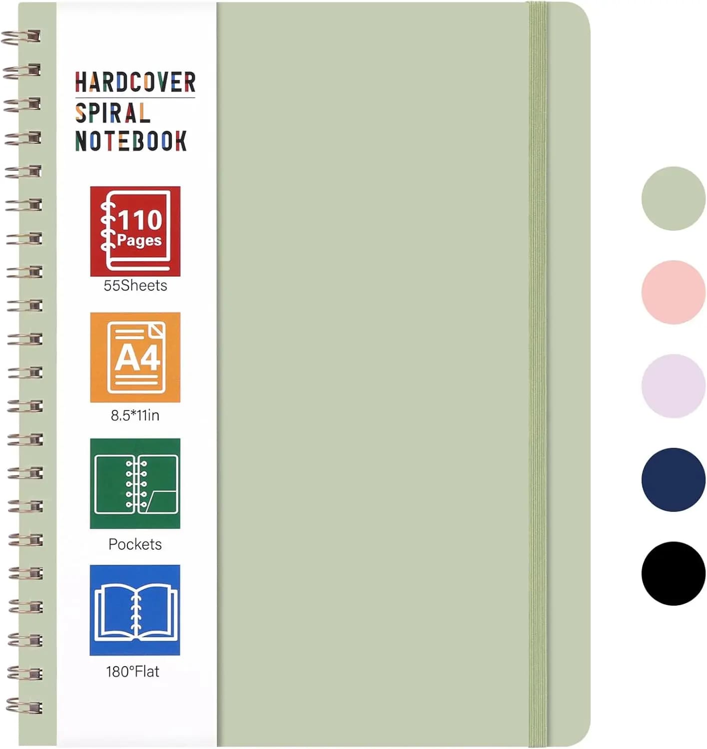 Quaderno a Spirale con Copertina Rigida A4, Diario Grande 8.5x11 per Donne, Lavoro e Scuola, 110 Pagine Verde