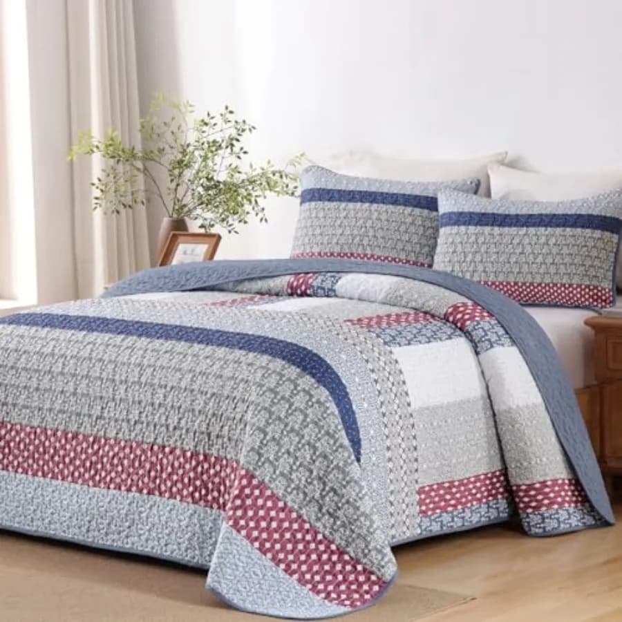 Set Copriletto Bohemien a Righe 3 Pezzi, Trapunta Leggera in Microfibra, Set Biancheria da Letto per Tutte le Stagioni