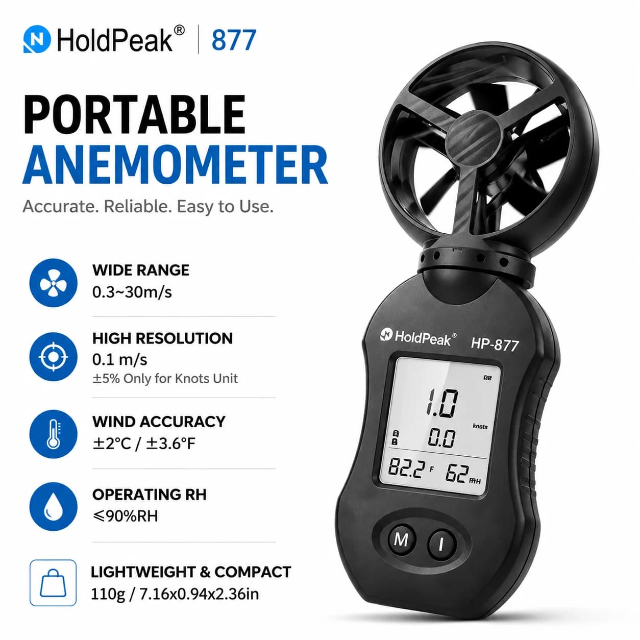 HoldPeak Cup Anemometer Handheld Digital Wind Speed Meter 0.3-30m/s Temp Humidity ±5% HVAC Sailing Drone 1/4" Tripod