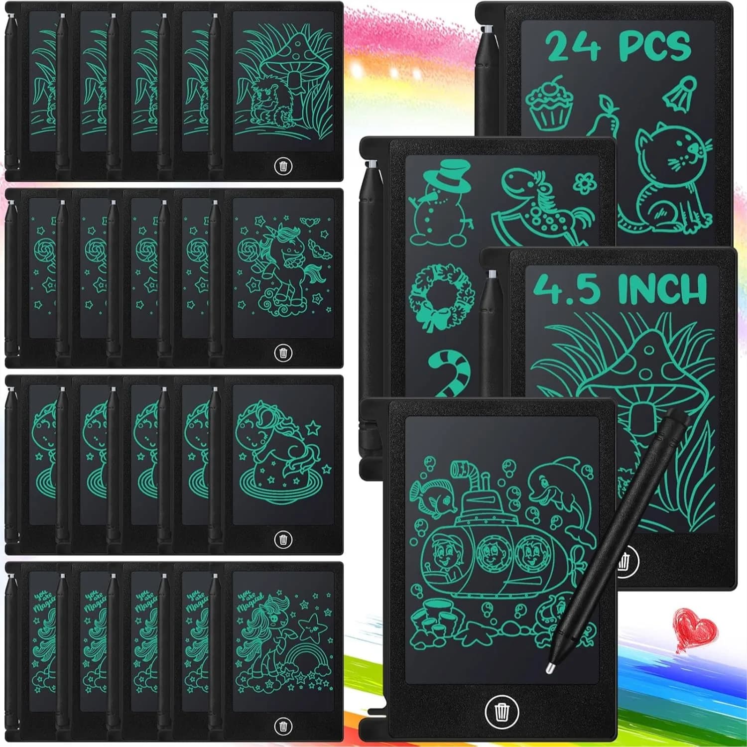 Set di 24 Mini Tavolette LCD per Bambini, Lavagnette da Disegno da 4,5 Pollici, Cancellabili e Riutilizzabili, Ideali come Regali per Feste di Compleanno