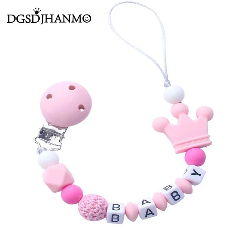 Nome personalizzato gratuito personalizzato Catena porta ciuccio per bambini Corona in silicone fatta a mano Massaggiagengive sicuro Regalo da masticare per neonato