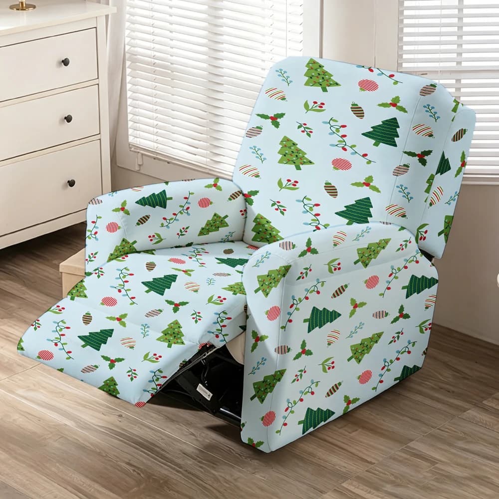 Light Blue Mini Christmas Tree Holly Bauble Print Stretch Recliner Chair Cover, Removable Washable Full Wrap Lazy Sofa Slipcover