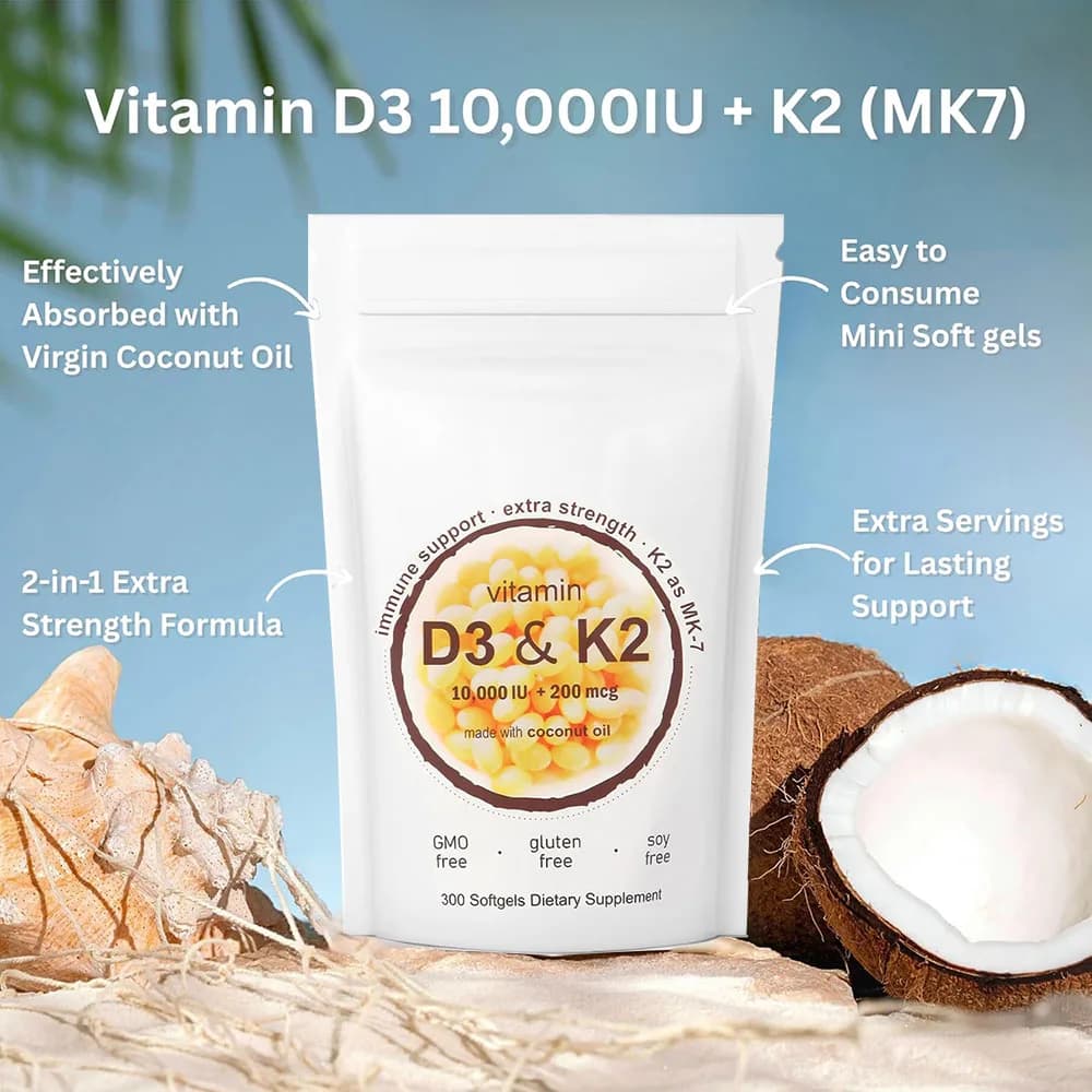 Vitamin D3 K2 Supplement 300 Virgin Coconut Oil Softgels Vitamin D & K Support Calcium Absorption, Bone, Immune & Heart Health