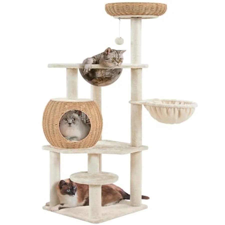 Torre per Gatti in Rattan da 54 Pollici, Moderna con Cuccia Intrecciata Traspirante, Tiragraffi e Cuscini Lavabili, Fresca Naturalmente in Estate, Carina