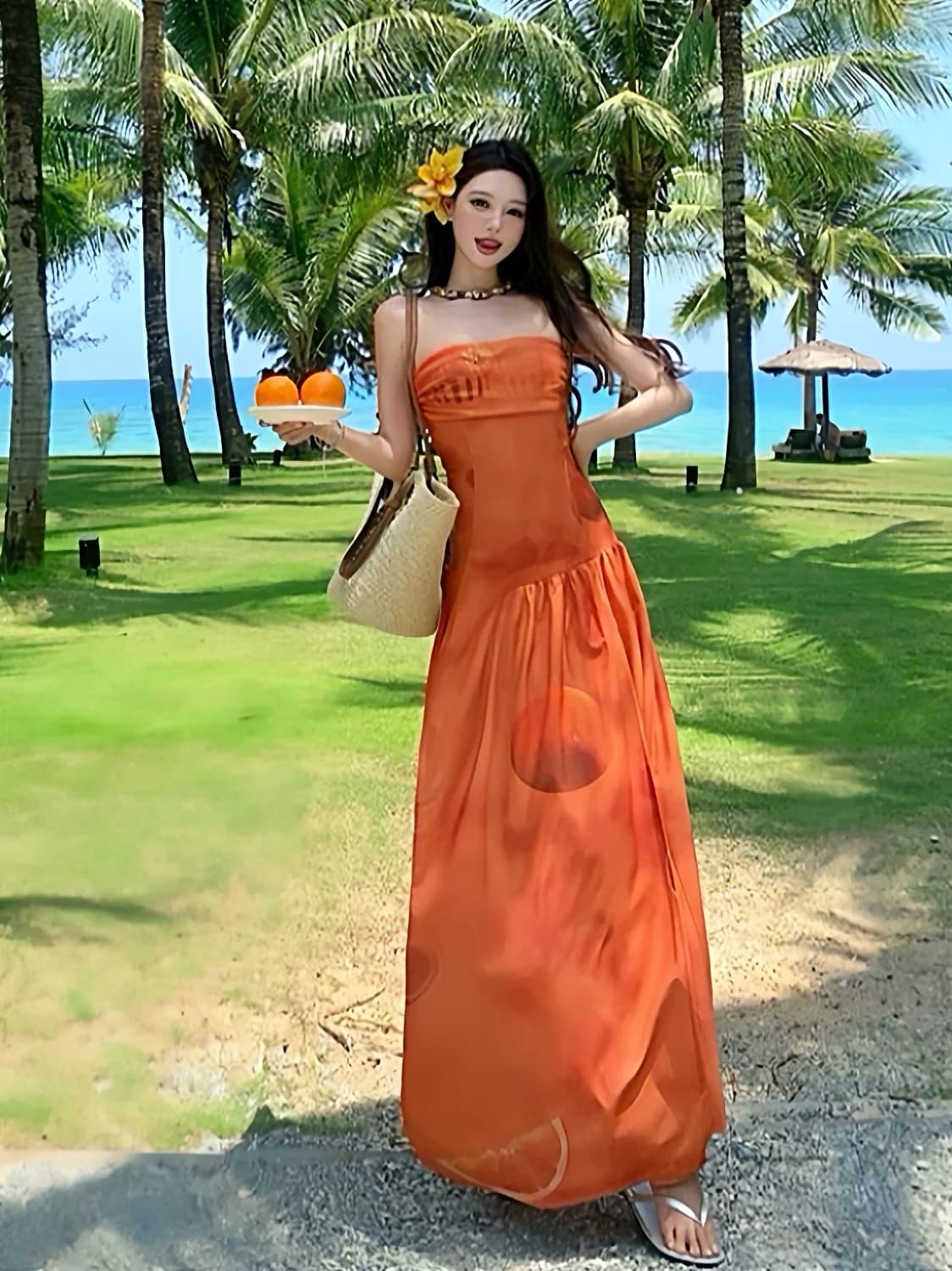Island Charm Dress with Floral Print, Monospalla, Gonna Sunset Style, High Life, Polyester, Summer Holiday Style, with Hinge