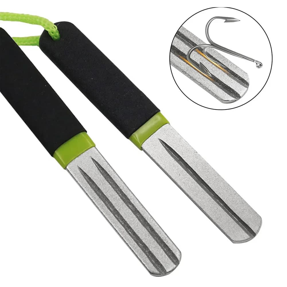 Affilatore per ami da pesca a doppia faccia con gancio, lima, pietra abrasiva, affilacoltelli diamantato, spelafili, strumento portatile per attrezzatura da pesca all'aperto