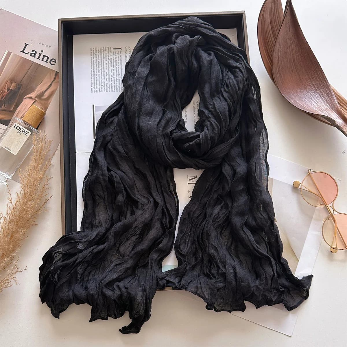 Ladies Fashion Crinkled Solid Long Scarf Cotton Linen Blend Bali Voile Shawl Soft Lightweight Neck Wrap Minimal Style Accessory