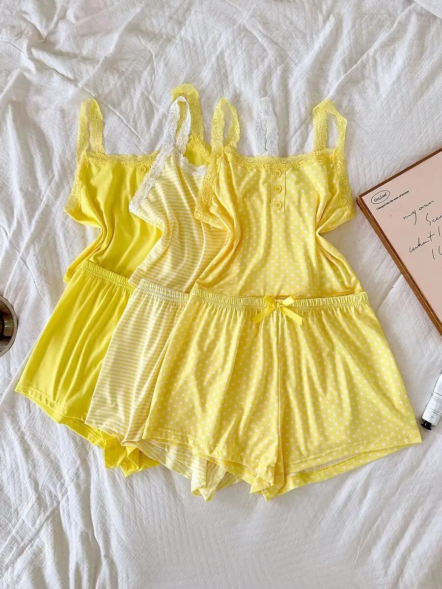 Womens 6-Piece Sleepwear Set Featuring Lace Trim, Polka Dot And Stripe Camisoles With Matching Shorts