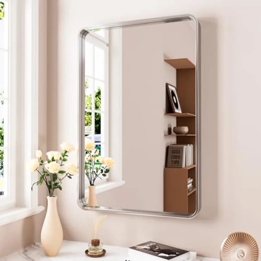 Specchio da bagno JISOSO 24x32 pollici, specchio con cornice in metallo argentato spazzolato da parete, specchio da bagno rettangolare arrotondato, Te