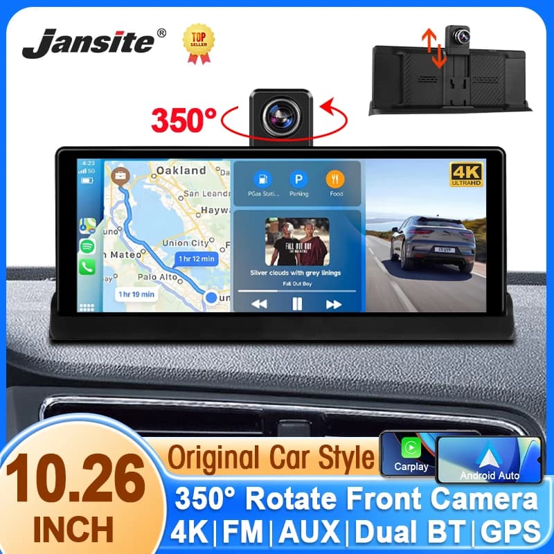 Dash Cam 10.26\" 4K Wireless with Carplay and Android Auto 350 ° Video Recorder for Auto with Rotating lens, GPS, Navigation and Camera Rear