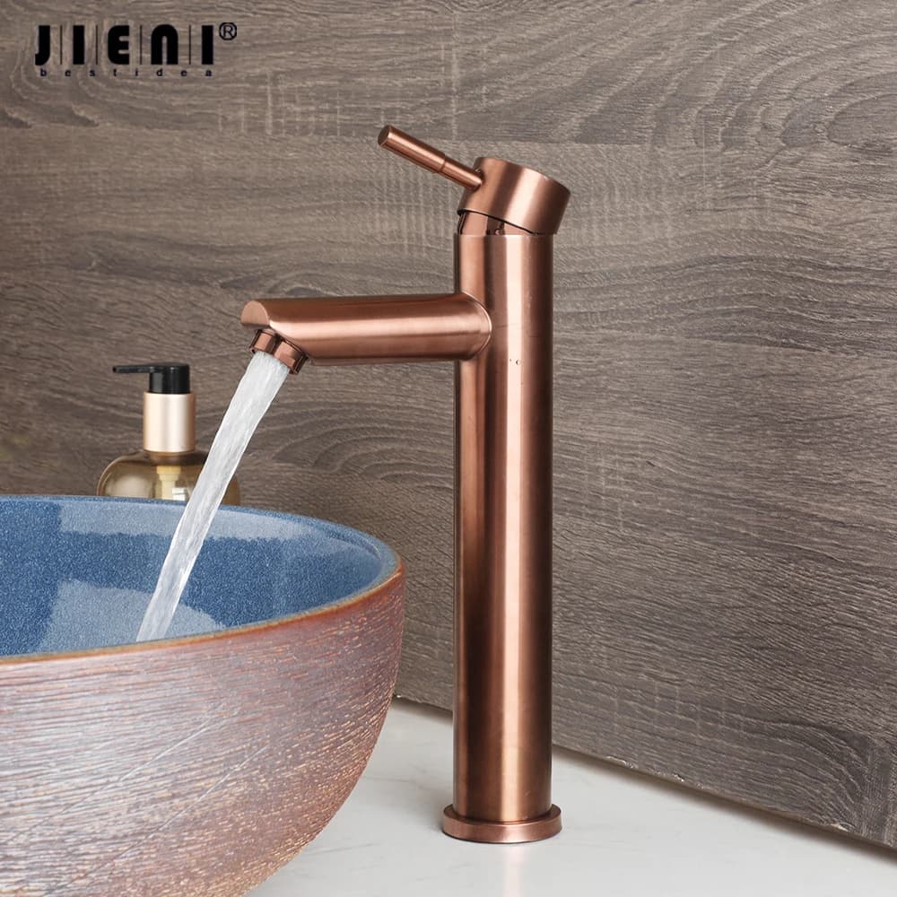 JIENI rubinetto per lavabo da bagno in rame antico rosso monocomando con beccuccio alto stile Stream miscelatore per acqua calda e fredda