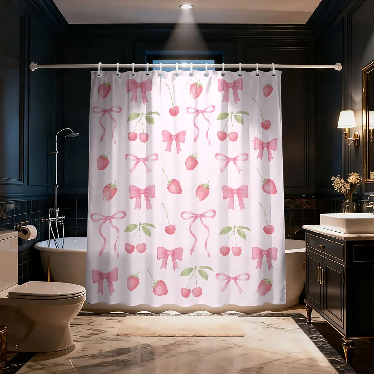 Tenda Doccia Impermeabile con Stampa Fiocco Rosa Ciliegia, 1 Pezzo, 12 Ganci, Varie Misure, Lavabile in Lavatrice