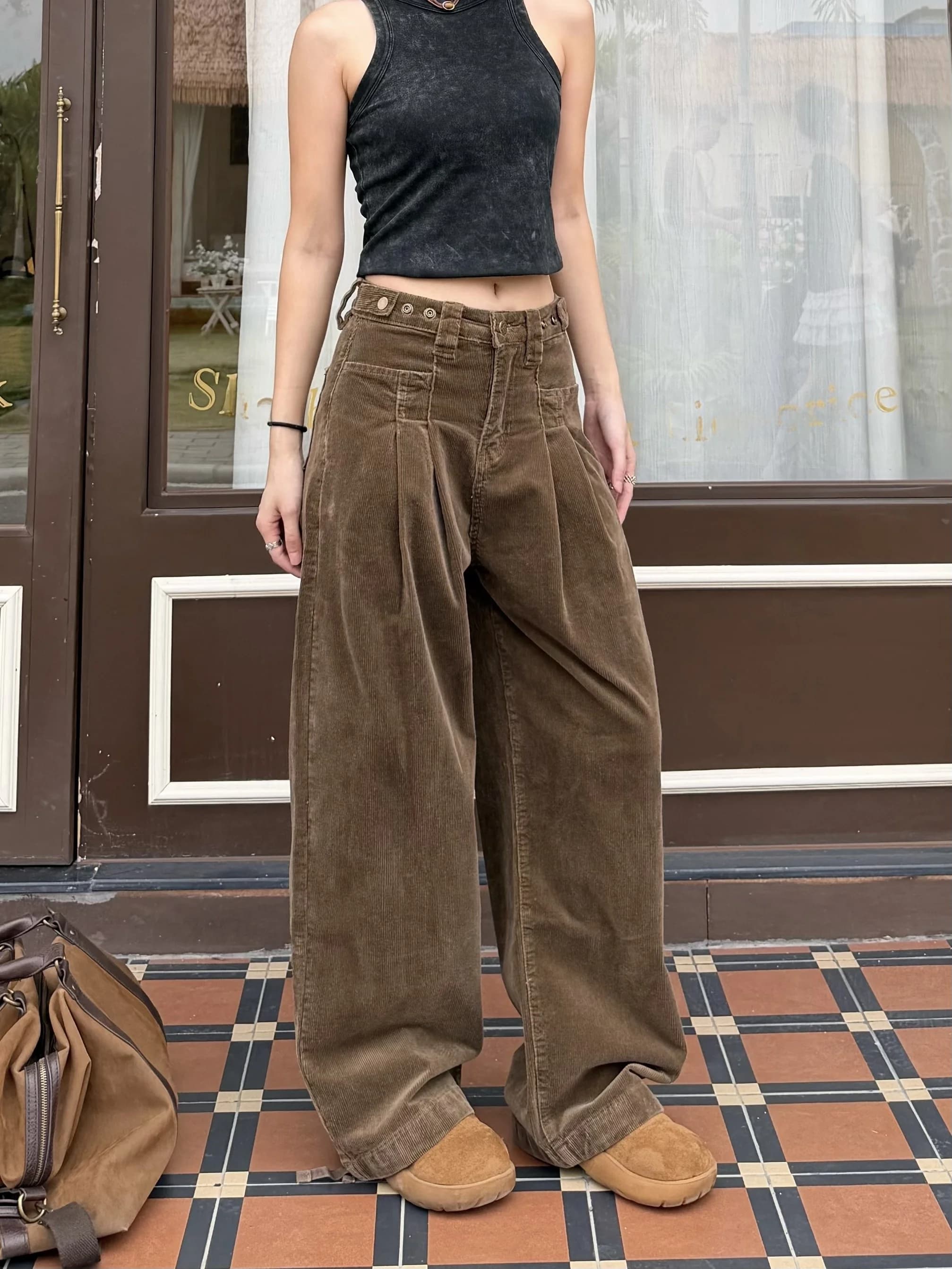 Retro American Waist Adjustable Corduroy Work Pants Men's Wide Leg Street Style Cleanfit Long Trousers Trendy Men's Jeans