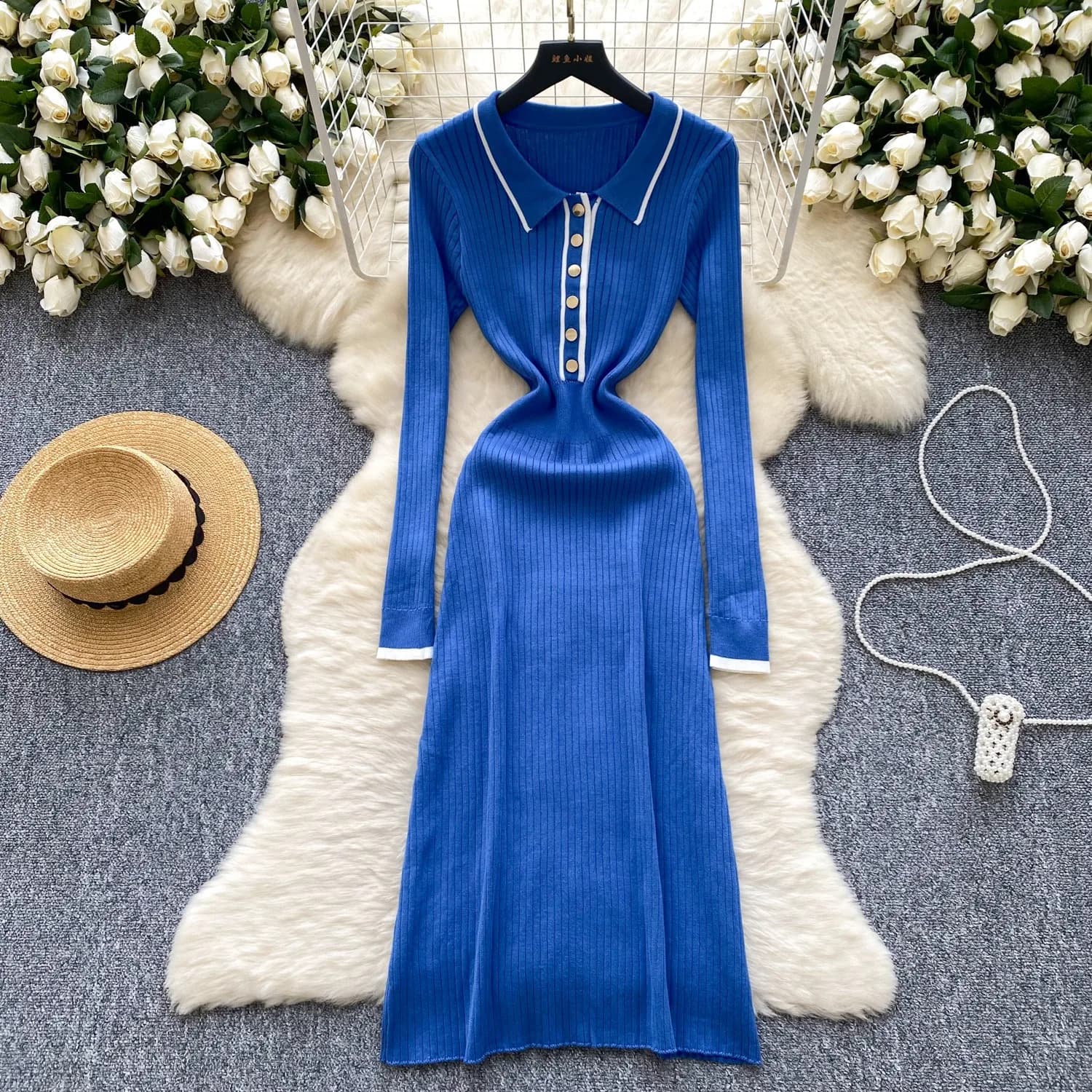 YuooMuoo 2025 Autunno Inverno Donna Abito lungo lavorato a maglia Vintage Colletto rovesciato Bottoni Camicia a costine Abito maglione Lady Abiti