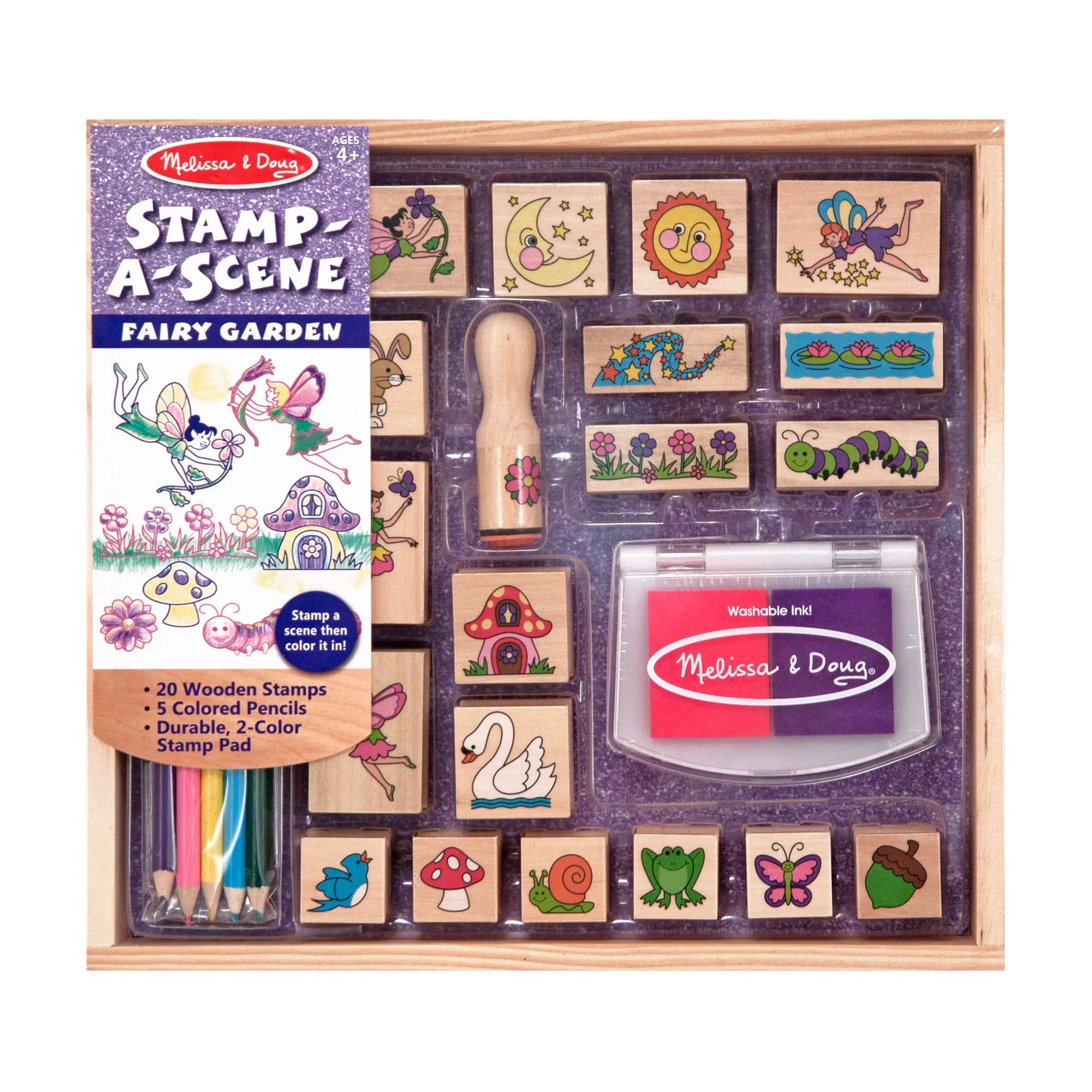 Stamp-a-Scene Fairy Garden Set: 20 Wooden Stamps, 5 Colored Pencils, Dual-Tone Stamp Pad