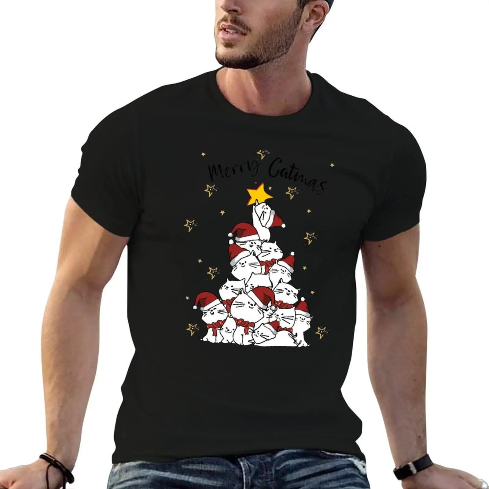 Merry Catmas Christmas Tree Cats Cat Lover Gift T-Shirt High Quality Durable T-Shirt