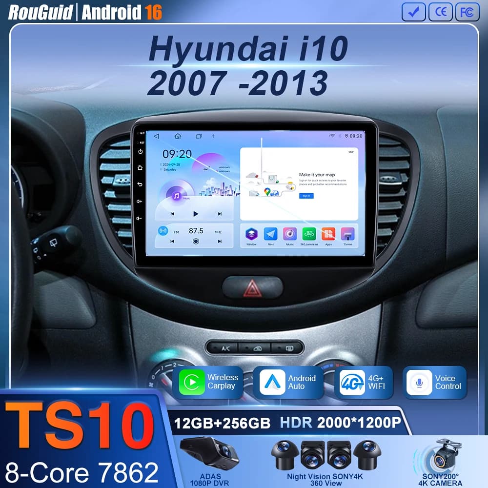 Autoradio 2 Din per Hyundai i10 2007 2008 2009 2010-2013 Lettore Multimediale Stereo Android 16 4G Navigazione GPS 2din Carplay